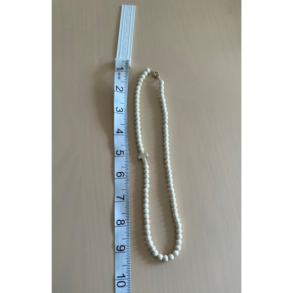 White Howlite Beaded Necklace With Cross Accent & Lobster Clasp Closure - Picture 7 of 7